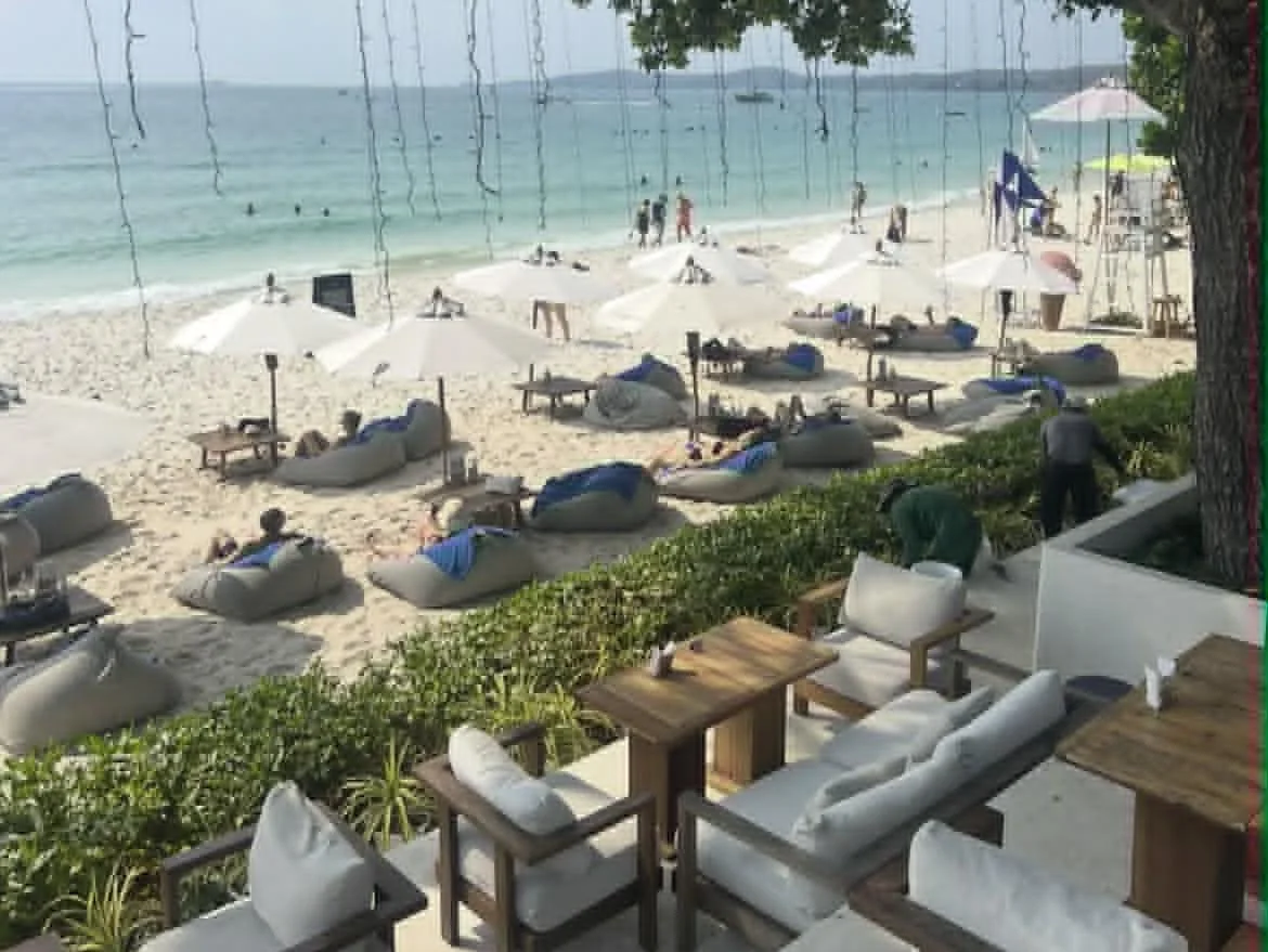 Sitteplasser og restauranter langs stranden med utsikt over havet
